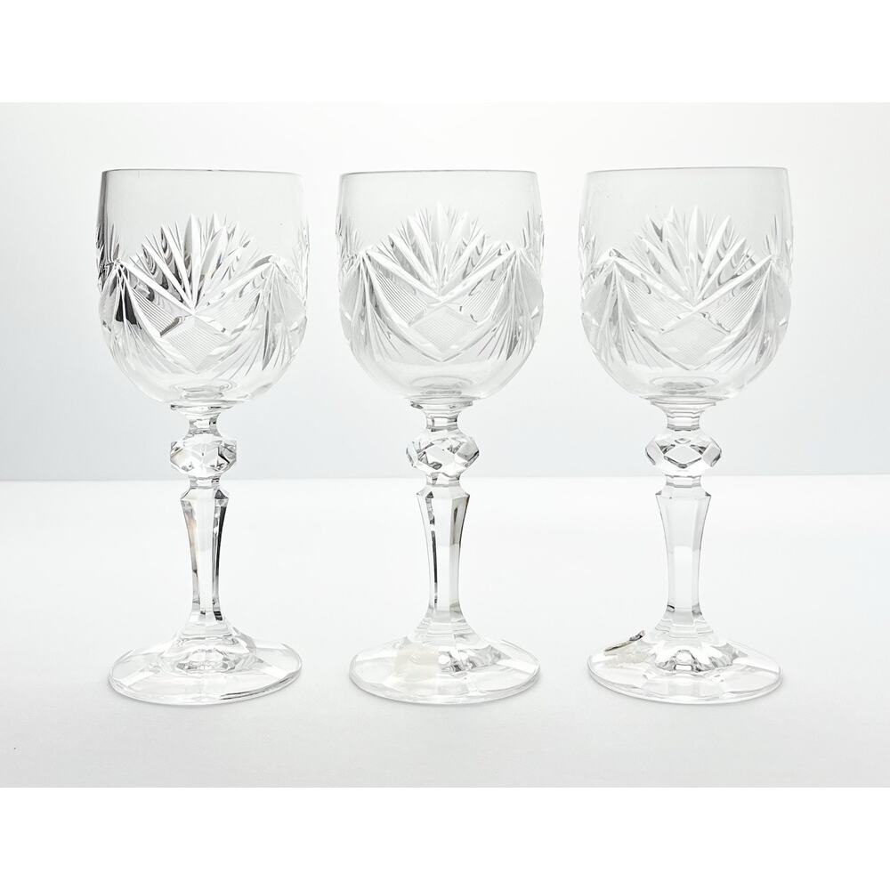 1980s Vintage 3 Crystal Wine Glasses 6 3/4” 8oz Fan & Cross Hatch Cuts, Barware - Picture 2 of 5